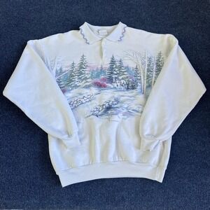 Vintage Art Unlimited Sweatshirt Womens Medium White Winter Scene Horse 90s